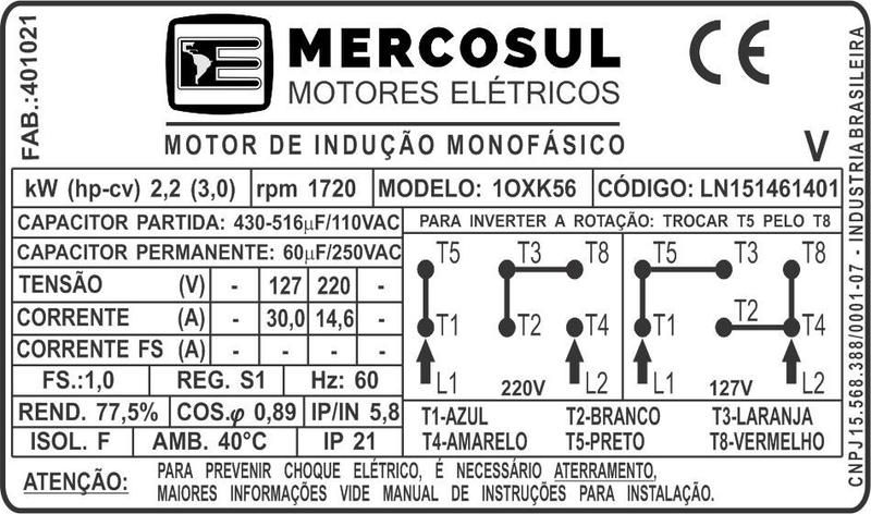 Motor Elétrico Monofásico 3cv 4 Pólos Baixa Rotação 110/220 V 60Hz - Mercosul Imagem de Motor Elétrico Monofásico 3cv 4 Pólos Baixa Rotação 110/220 V 60Hz