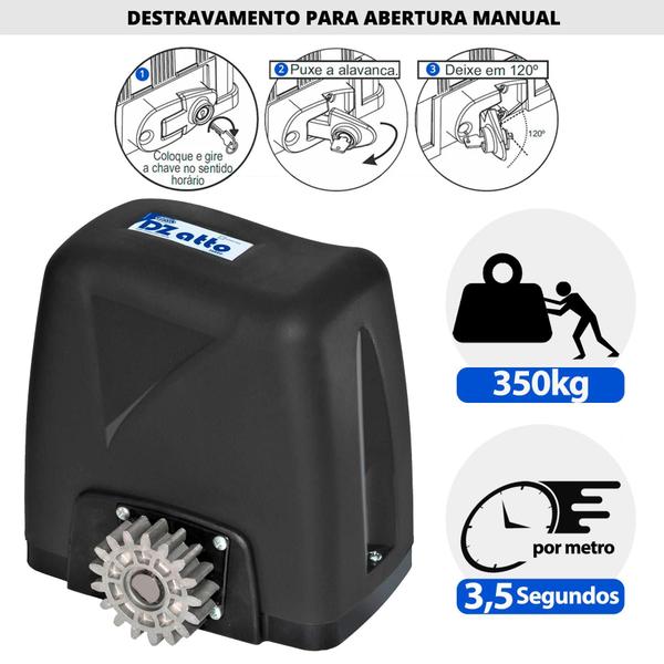 Imagem de Motor Para Portão Eletrônico Deslizante Dz Atto Até 350kg 1/4 6 Metros de Cremalheira 2 Controles