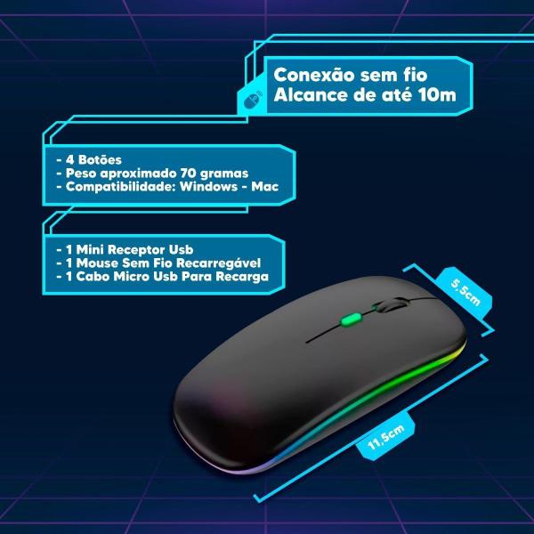 Imagem de Mouse Bluetooth Sem Fio Bateria Interna Luz RGB 1600Dpi