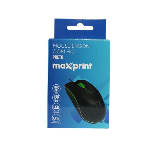 Imagem de Mouse com fio 1.200 DPI USB 2.0 Iluminação Led 3 Botões Plug and play Cabo 1,25m Cor Preta Ergon Maxprint