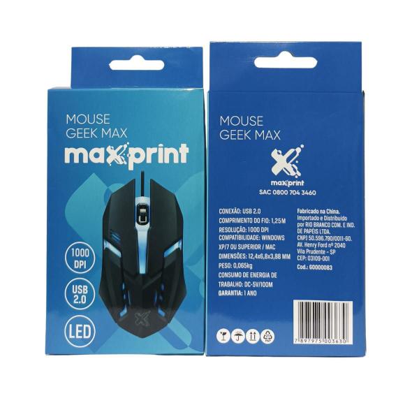 Imagem de Mouse Com Fio USB 2.0 Plug and Play 1000DPI Cabo 1,25m Cor Preto Geek Maxprint