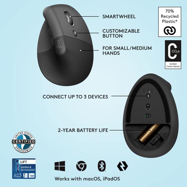 Imagem de Mouse ergonômico vertical Logitech Lift Wireless Graphite