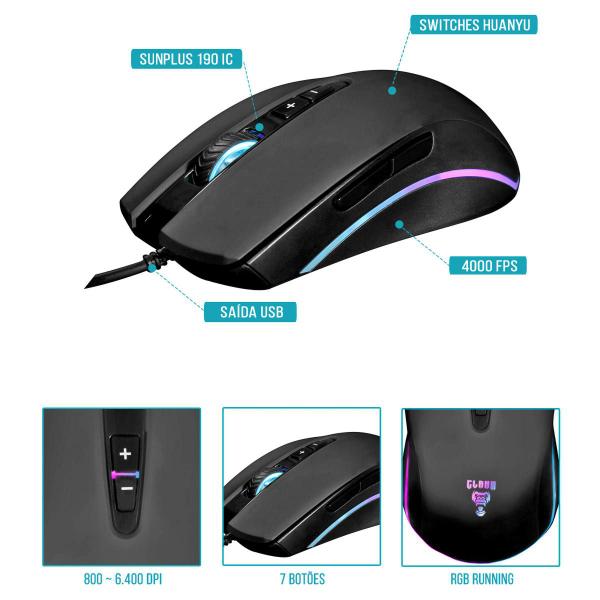 Imagem de Mouse Gamer 7 Botões LED RGB Running 7 modos Design Ergonômico até 6400 DPI Clanm CL-MM046