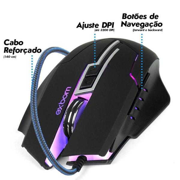 Imagem de Mouse Gamer 7D Warrior 3200 DPI 4 modo DPI RGB peso projetado Gaming USB Exbom MS-G270