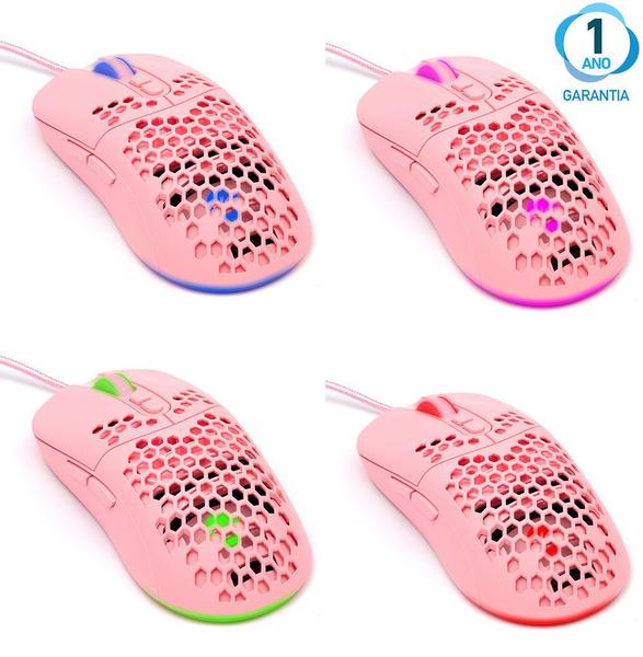 Imagem de Mouse Gamer Ambidestro 7600 DPI Usb RGB Fio 1,80 Metros 7 Botões Rosa