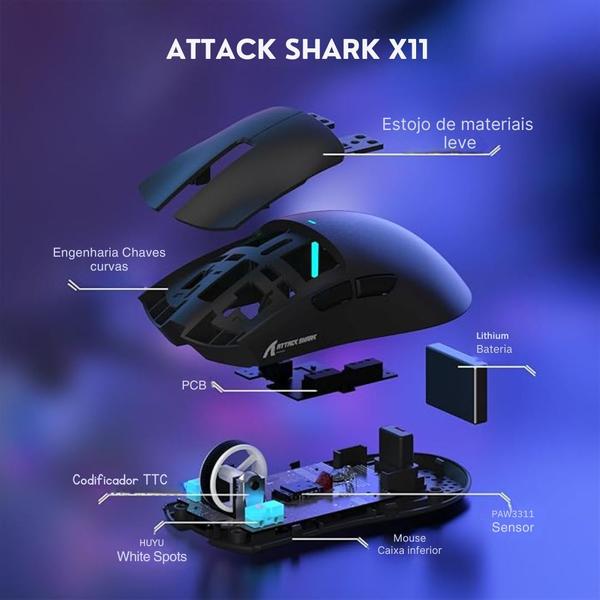 Imagem de Mouse Gamer Attack Shark X11, Black, 22000DPI,Tri-Mode, RGB,