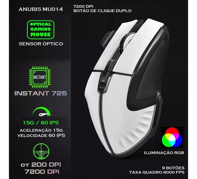 Imagem de Mouse Gamer Branco Rgb 7200DPI Anubis Knup Gamer Pro