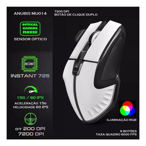 Imagem de Mouse Gamer Branco Rgb 7200DPI Anubis Knup Gamer Pro