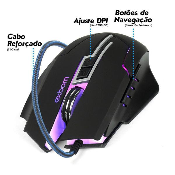 Imagem de Mouse Gamer Ergonômico LED Colorido USB 7 Botões Tecnologia Óptica 3200 DPI Cabo 1,5 metro Nylon - E