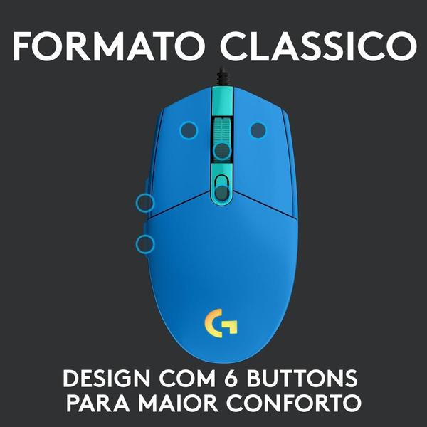 Imagem de Mouse Gamer Logitech G203 LIGHTSYNC RGB, Efeito de Ondas de Cores, 6 Botões Programáveis e Até 8.000 DPI, Azul - 910-005795