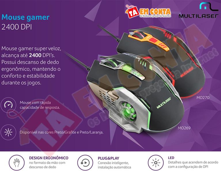 Imagem de Mouse Gamer Multilaser 2400dpi 6 Botões Led Laranja Mo270