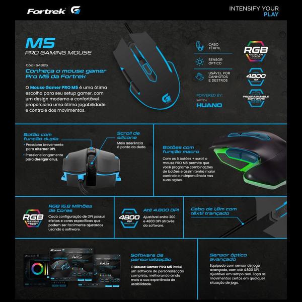 Imagem de Mouse Gamer RGB M5 USB Fortrek PRO + Mouse Pad Speed 320x240mm