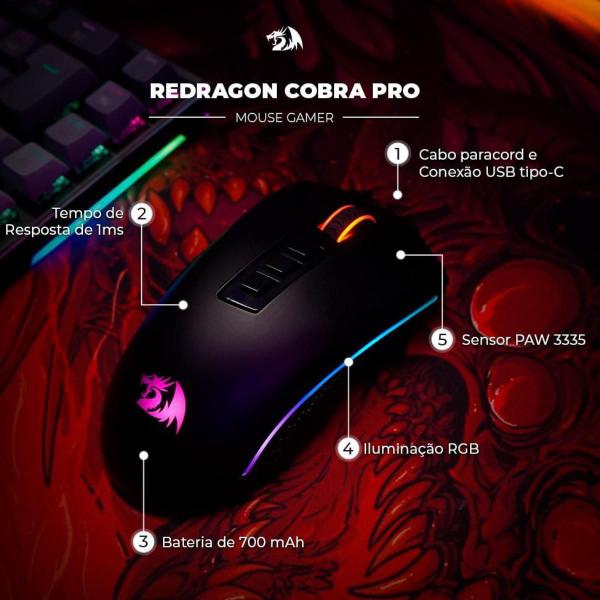 Imagem de Mouse Gamer Sem Fio Cobra Pro RGB 16000 DPI Preto M711-PRO