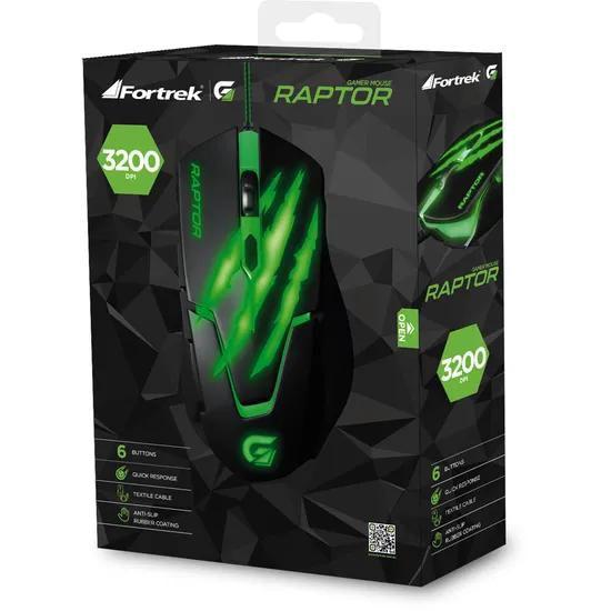 Imagem de Mouse Gamer USB 3200DPI RAPTOR OM-801 Preto/Verde FORTREK