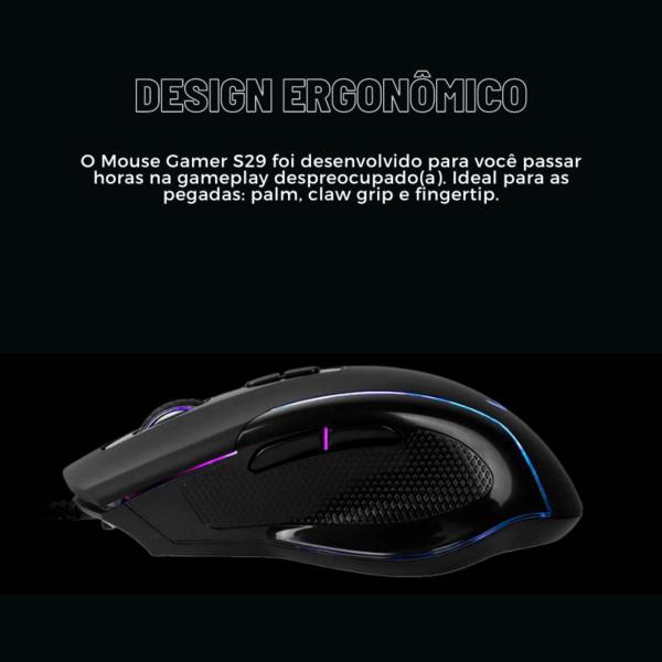 Imagem de Mouse Gamer Vinik Usb Rgb Led 7200 Dpi S29 Com 7 Botões Cor Preto 1,8 Metros