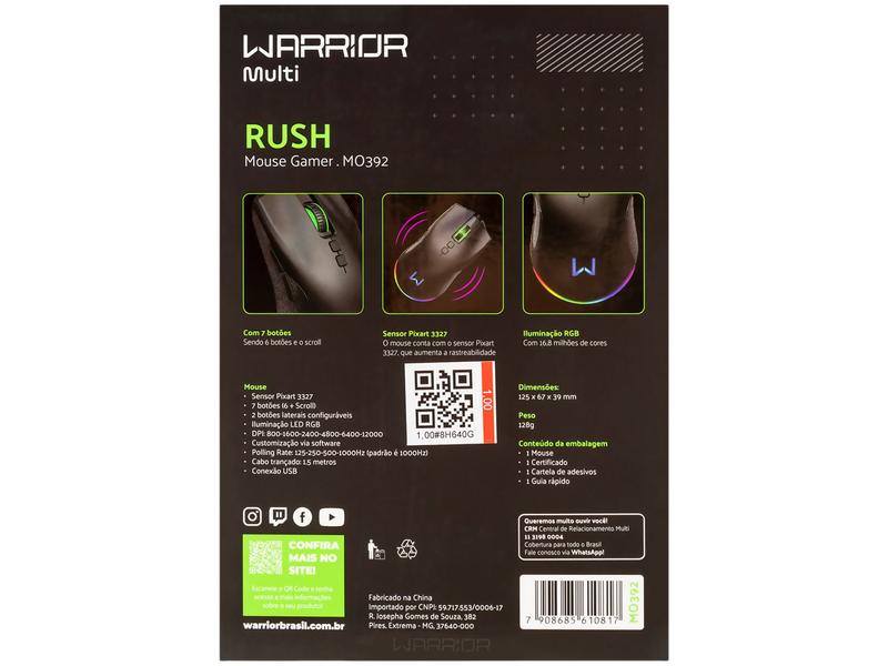 Mouse Gamer Warrior RGB Óptico 12000DPI 7 Botões - Rush Preto Imagem de Mouse Gamer Warrior RGB Óptico 12000DPI 7 Botões