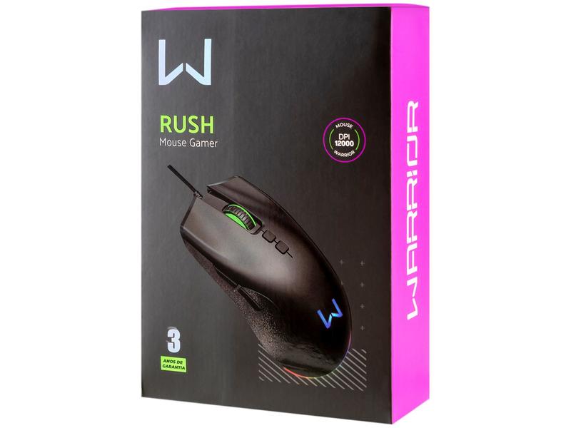 Mouse Gamer Warrior RGB Óptico 12000DPI 7 Botões - Rush Preto Imagem de Mouse Gamer Warrior RGB Óptico 12000DPI 7 Botões