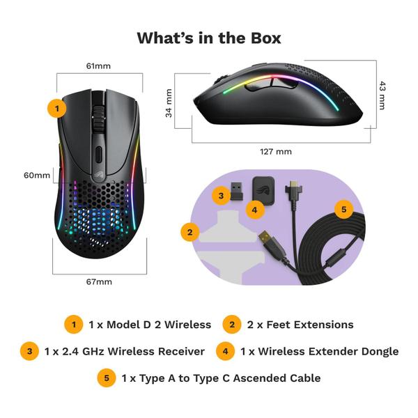 Imagem de Mouse GLORIOUS Gaming, modelo D 2, ergonômico, sem fio, 66g, preto