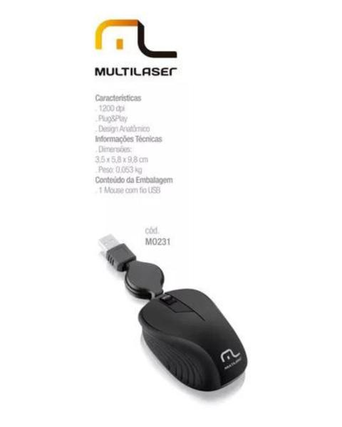 Imagem de Mouse Multilaser Cabo Retrátil 1200dpi Usb Notebook Mo231