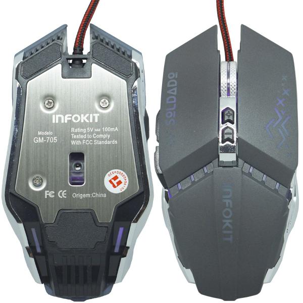 Imagem de Mouse Óptico Gamer Usb 2400 Dpi 6 Botões Led Rgb 4 Cores Cabo Infokit X Soldado GM-705 Cinza