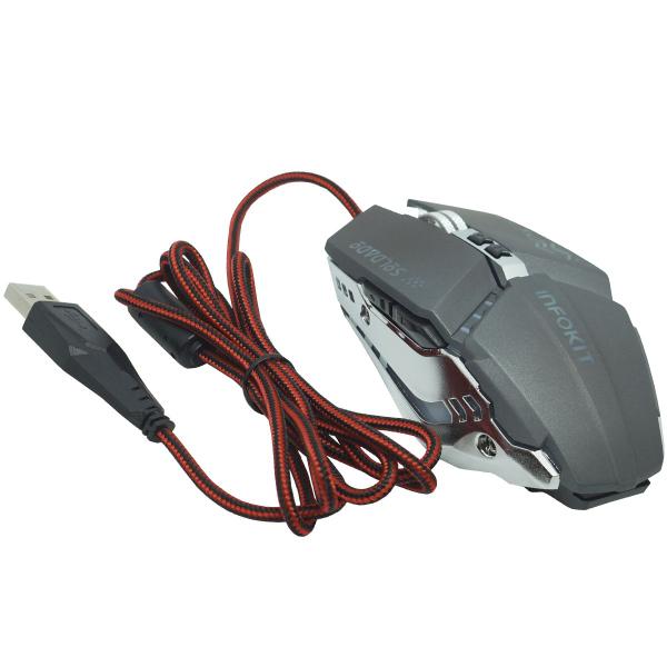 Imagem de Mouse Óptico Gamer Usb 2400 Dpi 6 Botões Led Rgb 4 Cores Cabo Infokit X Soldado GM-705 Cinza