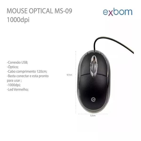 Imagem de Mouse Óptico Preto Com Fio Led Vermelho Fast 1000dpi