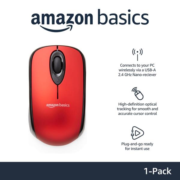 Imagem de Mouse óptico sem fio para computador Amazon Basics Red