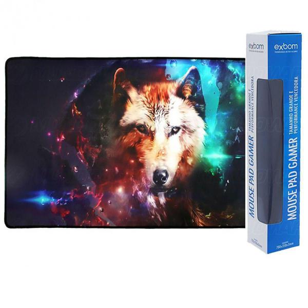 Imagem de Mouse Pad Gamer Extra Grande 700x350x3mm com Base Antiderrapante e Bordas Costuradas Modelo Lobo Exbom MP-7035C