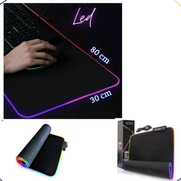 Imagem de Mouse Pad Gamer Led Extra Grande Preto + Hub Usb 3.0 Exbom