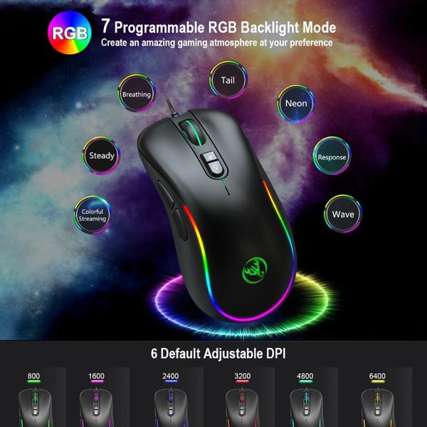 Imagem de Mouse para jogos genérico de 7 teclas, iluminação programável RGB, com fio