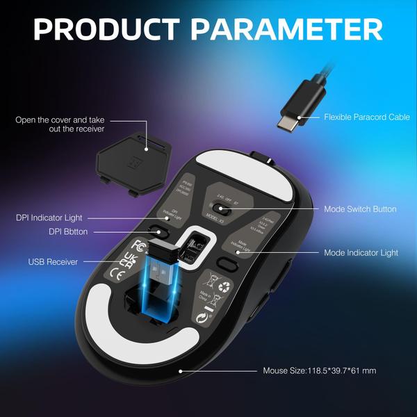 Mouse para jogos sem fio ATTACK SHARK X3 26K DPI 200h Bateria - MANBASNAKE Imagem de Mouse para jogos sem fio ATTACK SHARK X3 26K DPI 200h Bateria