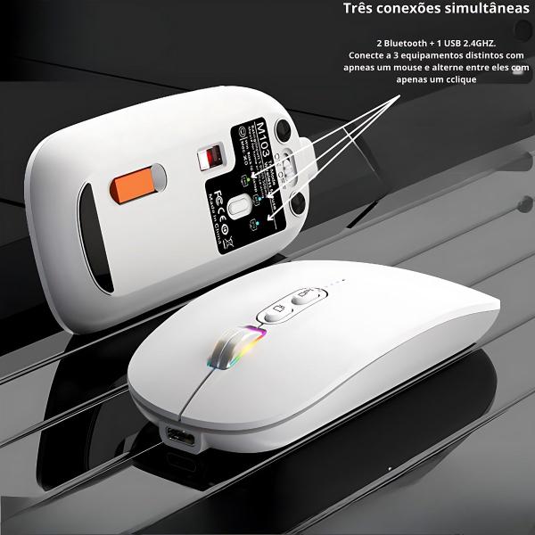 Imagem de Mouse Recarregável Com 2 Bluetooth + USB Para Macbook Air Pro M1 M2 M3