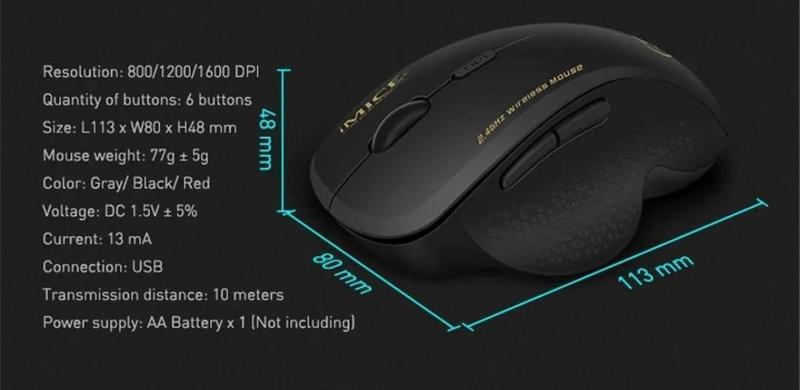 Imagem de Mouse Sem Fio 1600 DPI 2,4 GHz 6 Botões USB Ergonômico Gamer