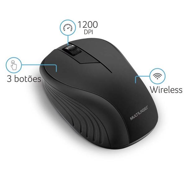 Imagem de Mouse Sem Fio 2.4 Ghz 1200 Dpi 3 Botões Preto Usb Multilaser - MO212