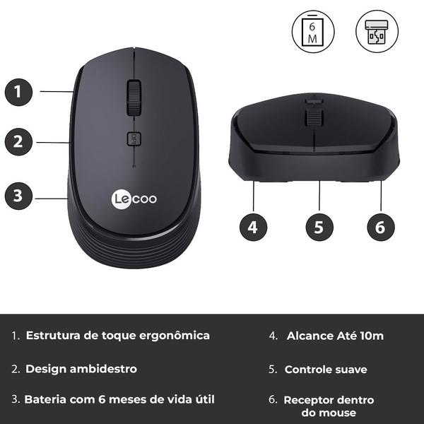 Imagem de Mouse Sem Fio Lecoo Lenovo, 4 Botões, Controle DPI, Ambidestro, WS202, Preto