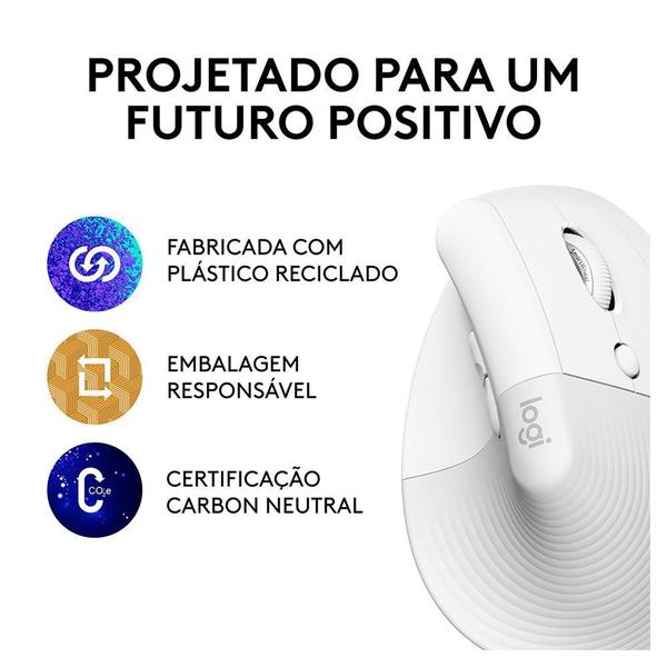 Imagem de Mouse Sem Fio Logitech Lift, 4000 DPI, 6 Botões, Bluetooth, Ergonômico, USB, Branco - 910-006469