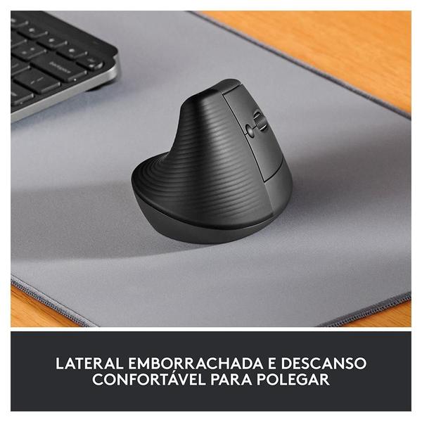 Imagem de Mouse Sem Fio Logitech Lift, 4000 DPI, 6 Botões, Bluetooth, Ergonômico, USB, Grafite - 910-006466