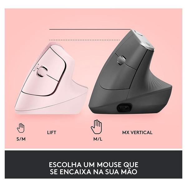 Imagem de Mouse Sem Fio Logitech Lift, 4000 DPI, 6 Botões, Bluetooth, Ergonômico, USB, Rose - 910-006472