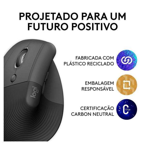 Imagem de Mouse Sem Fio Logitech Lift p/ Canhoto, 4000 DPI, 6 Botões, Bluetooth, Ergonômico, USB, Grafite