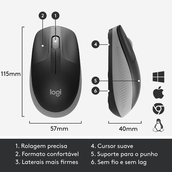 Imagem de Mouse sem fio Logitech M190 com Design Ambidestro de Tamanho Padrão, Conexão USB e Pilha Inclusa, Cinza - 910-005902