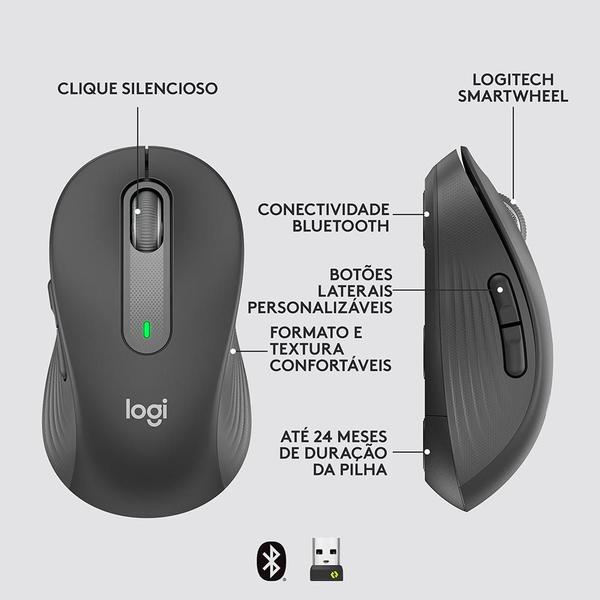 Imagem de Mouse Sem Fio Logitech Signature M650 L 2000 DPI, Design Padrão, 5 Botões, Silencioso, Bluetooth, USB, Grafite - 910-006231