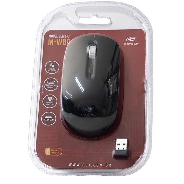 Imagem de Mouse sem Fio Recarregavel M-W80BK Preto C3 TECH