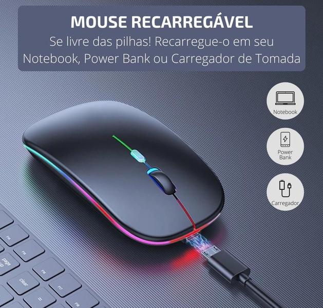 Imagem de Mouse Sem Fio Recarregável USB 1600 DPI Com LED RGB Portátil