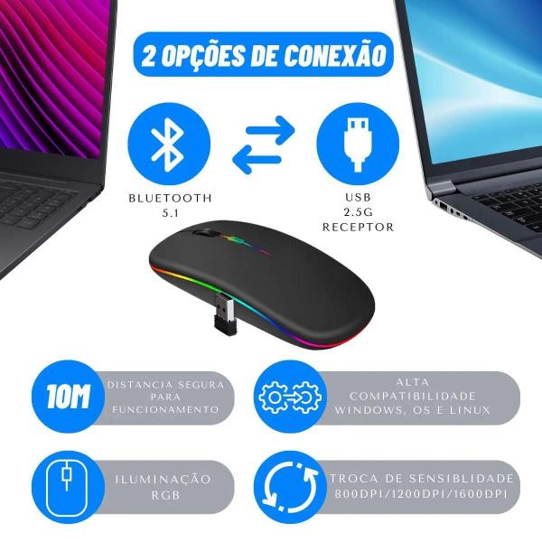 Imagem de Mouse Sem Fio Recarregável Wireles Optico Led Rgb Ergonômico de 2.4GHz 