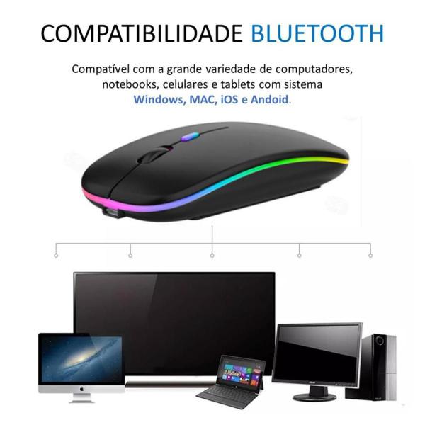 Imagem de Mouse Sem Fio WiFi 2.4Ghz e Bluetooth 5.2 Recarregável Com LED RGB Compatível com Celular Notebook Tablet e Computador