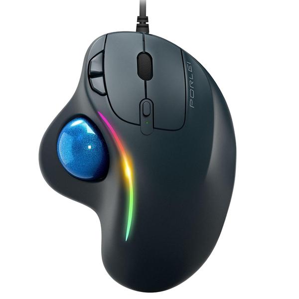 Imagem de Mouse Trackball PORLEI RGB, ergonômico com fio, 5 DPI ajustáveis