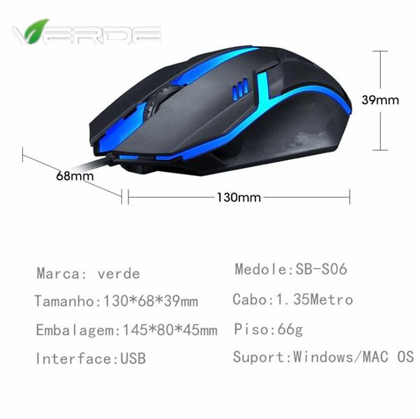 Imagem de Mouse USB Óptico Gamer Para Jogos Computador 1200 DPI SB-S06/SB-S02 DPI 1000/ Marca Verde