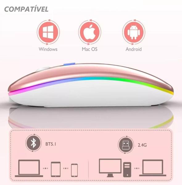 Imagem de Mouse Wireless  Recarregável LED Sem Fio Portátil Silencioso Rgb 2.4ghz Rosa