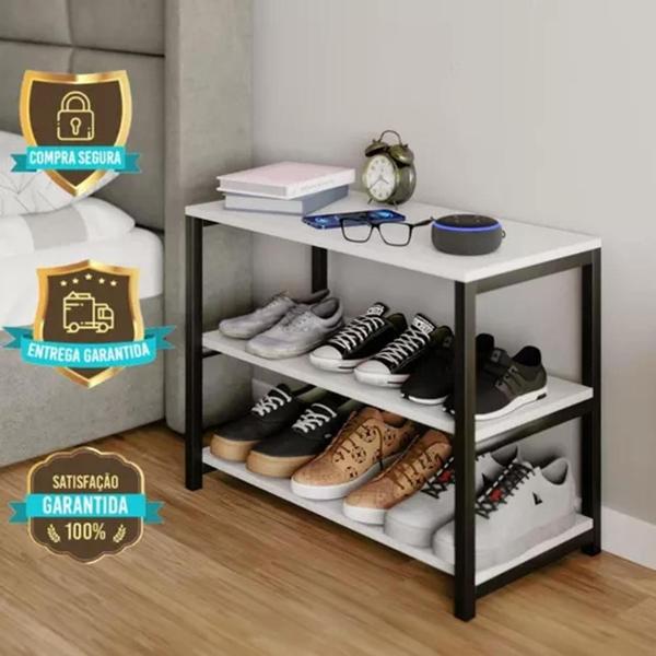 Móvel Organizador de Sapatos com Suporte para Celular em Estilo Industrial e Prateleiras Brancas - Ruffino Designer Imagem de Móvel Organizador de Sapatos com Suporte para Celular em Estilo Industrial e Prateleiras Brancas
