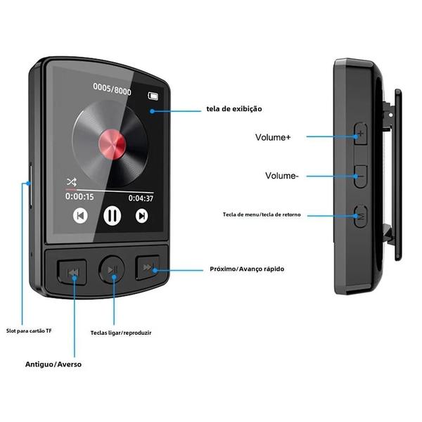 Imagem de MP3 Player Bluetooth 5.2 Portátil com Clip - Tela de 1,8" e Som de Alta Fidelidade